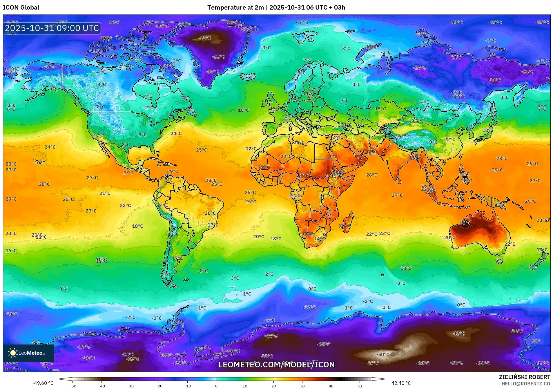ICON model - World, Temperature at 2m ICON model - World, Temperature at 2m