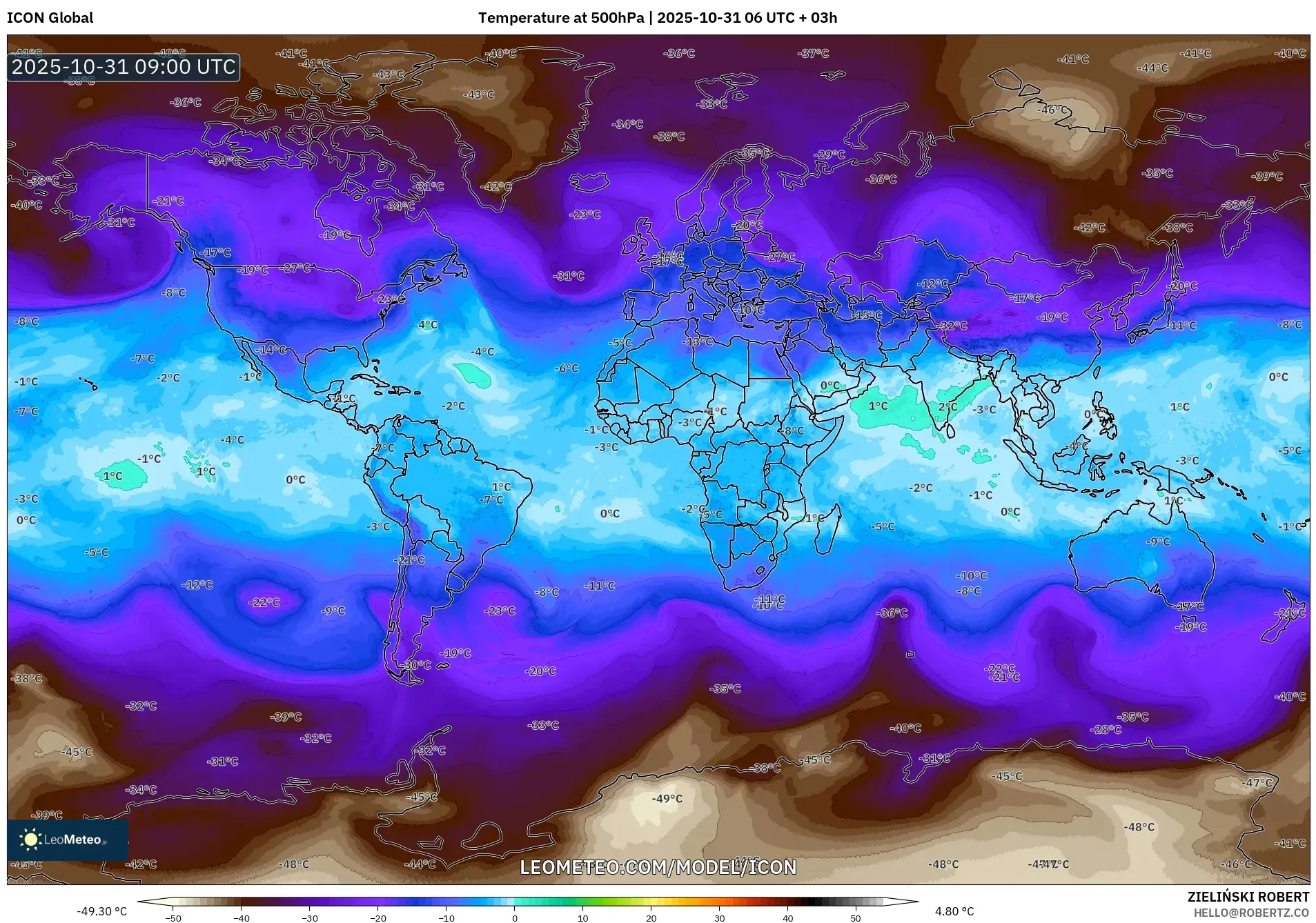 ICON model - World, Temperature at 500hPa ICON model - World, Temperature at 500hPa