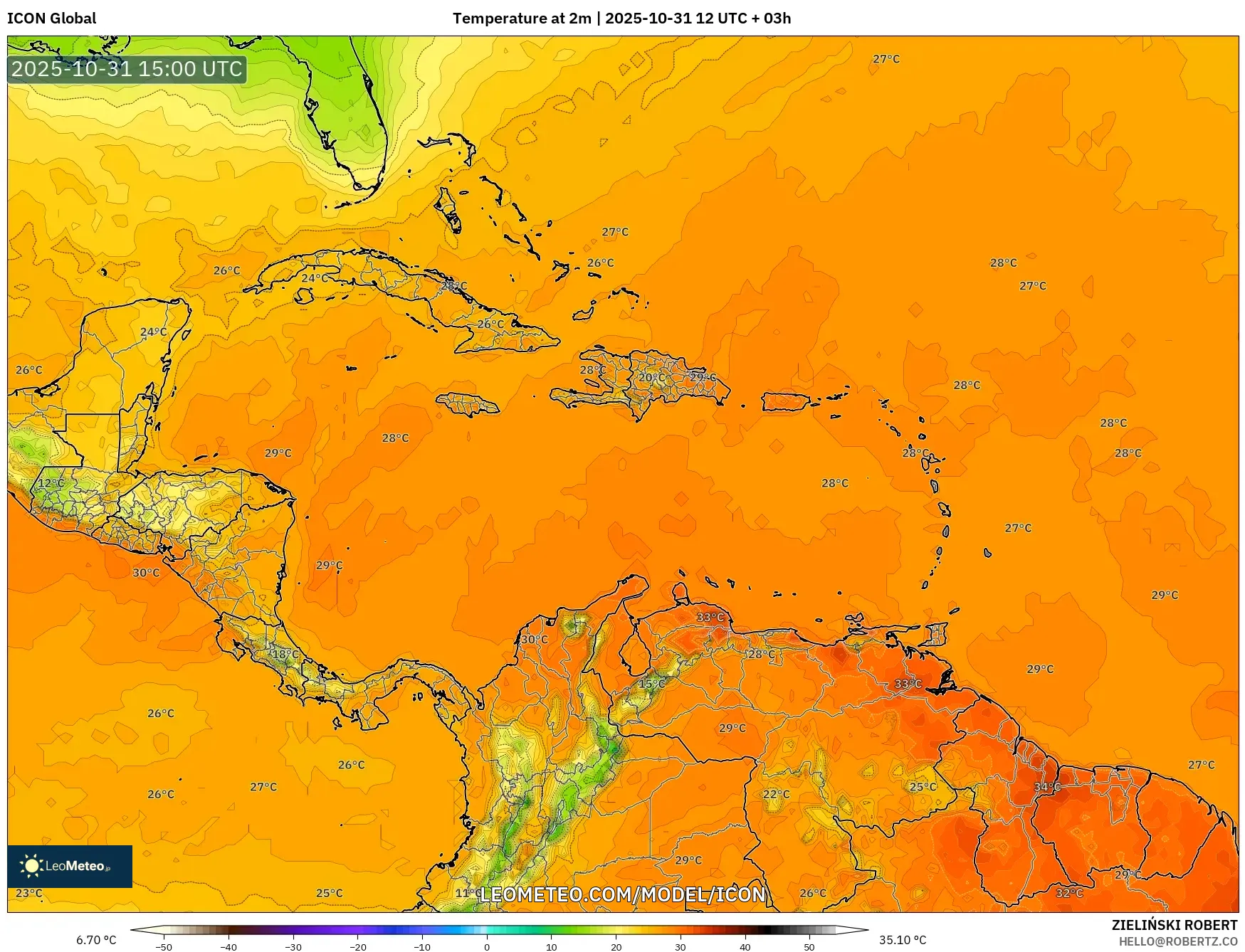 ICON model - Caribbean, Temperature at 2m ICON model - Caribbean, Temperature at 2m
