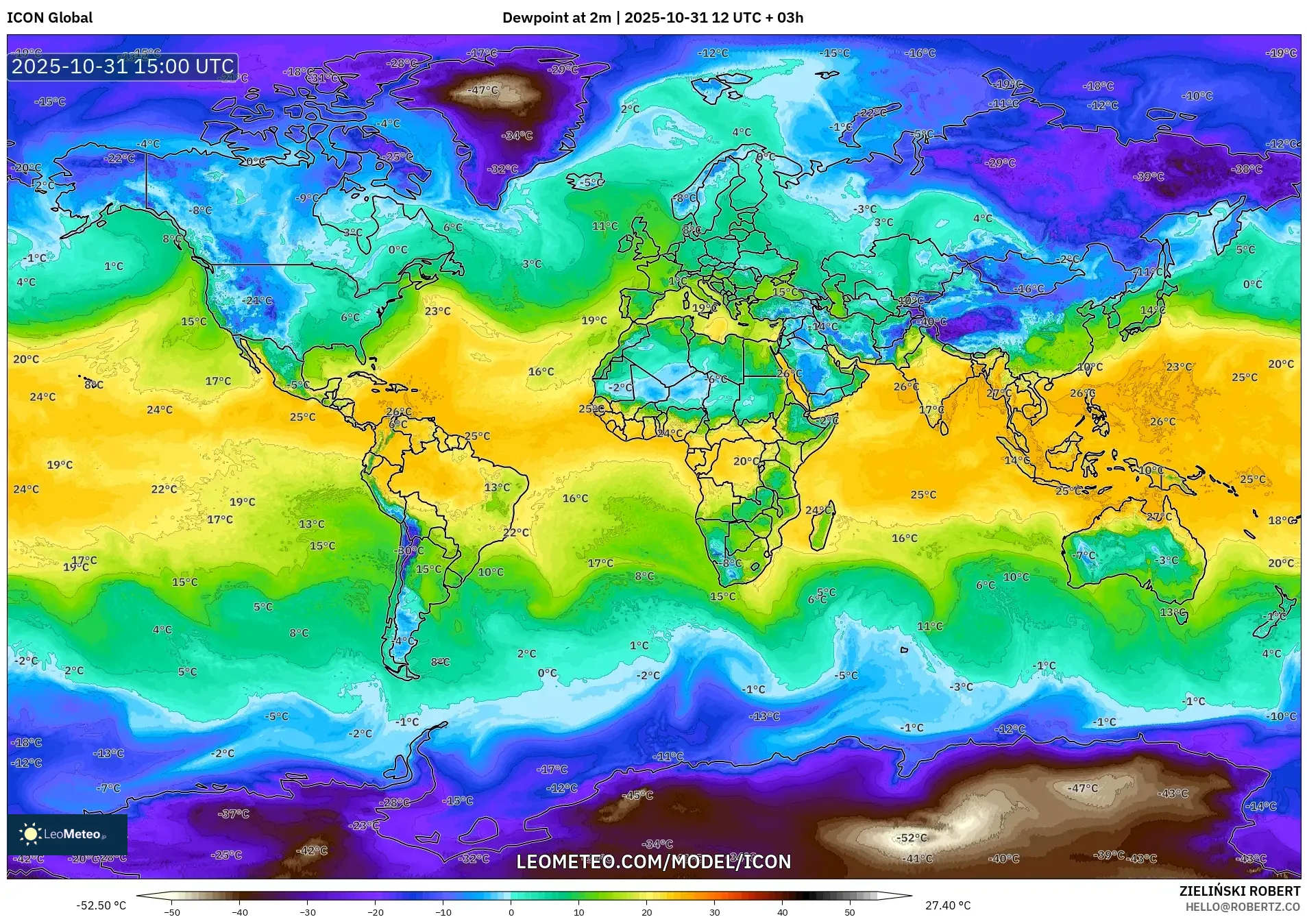 ICON model - World, Dewpoint at 2m ICON model - World, Dewpoint at 2m