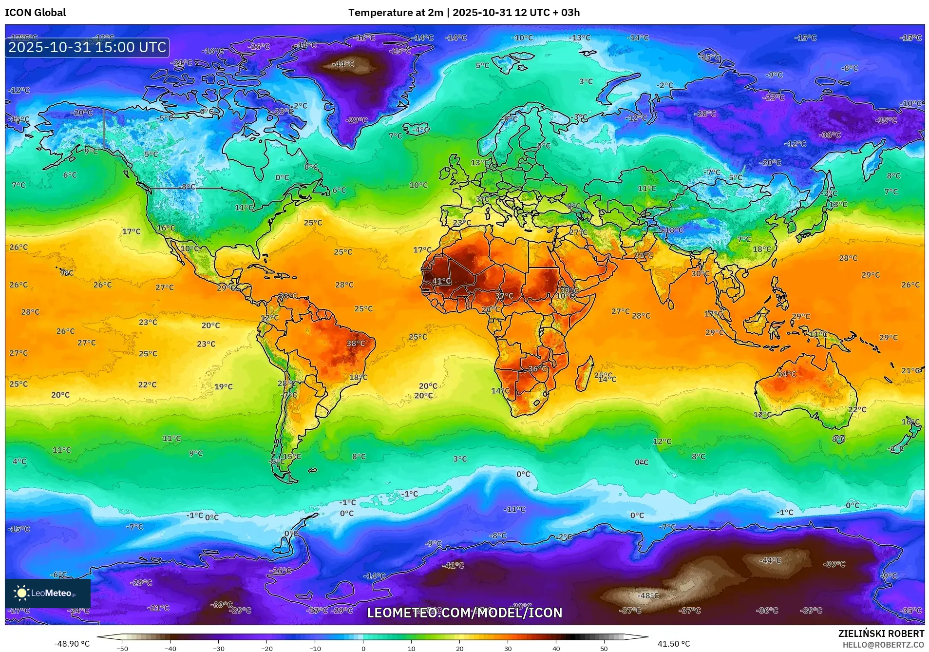 ICON model - World, Temperature at 2m ICON model - World, Temperature at 2m