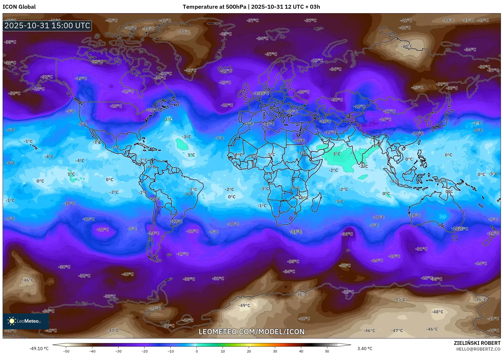 ICON model - World, Temperature at 500hPa ICON model - World, Temperature at 500hPa