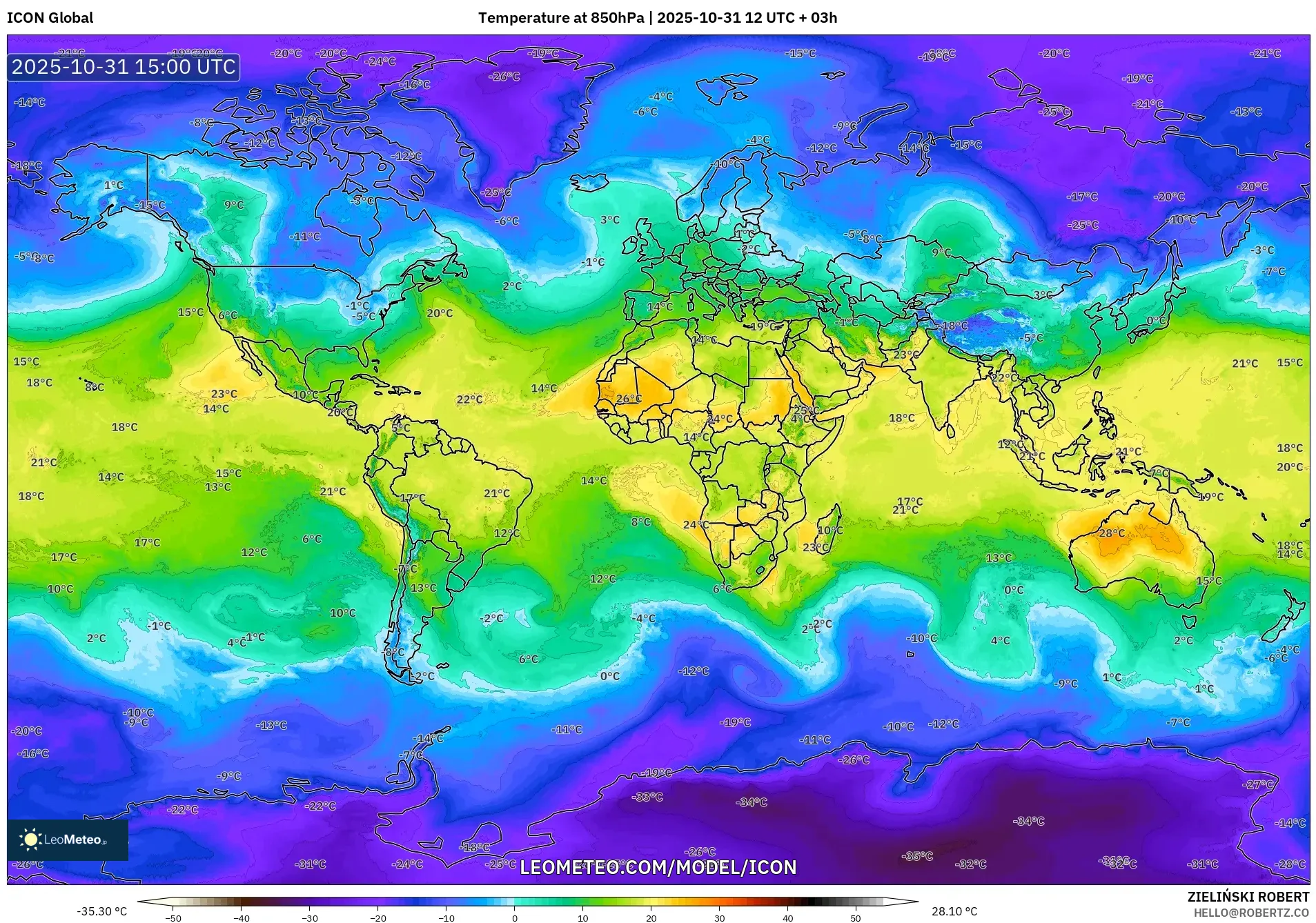 ICON model - World, Temperature at 850hPa ICON model - World, Temperature at 850hPa