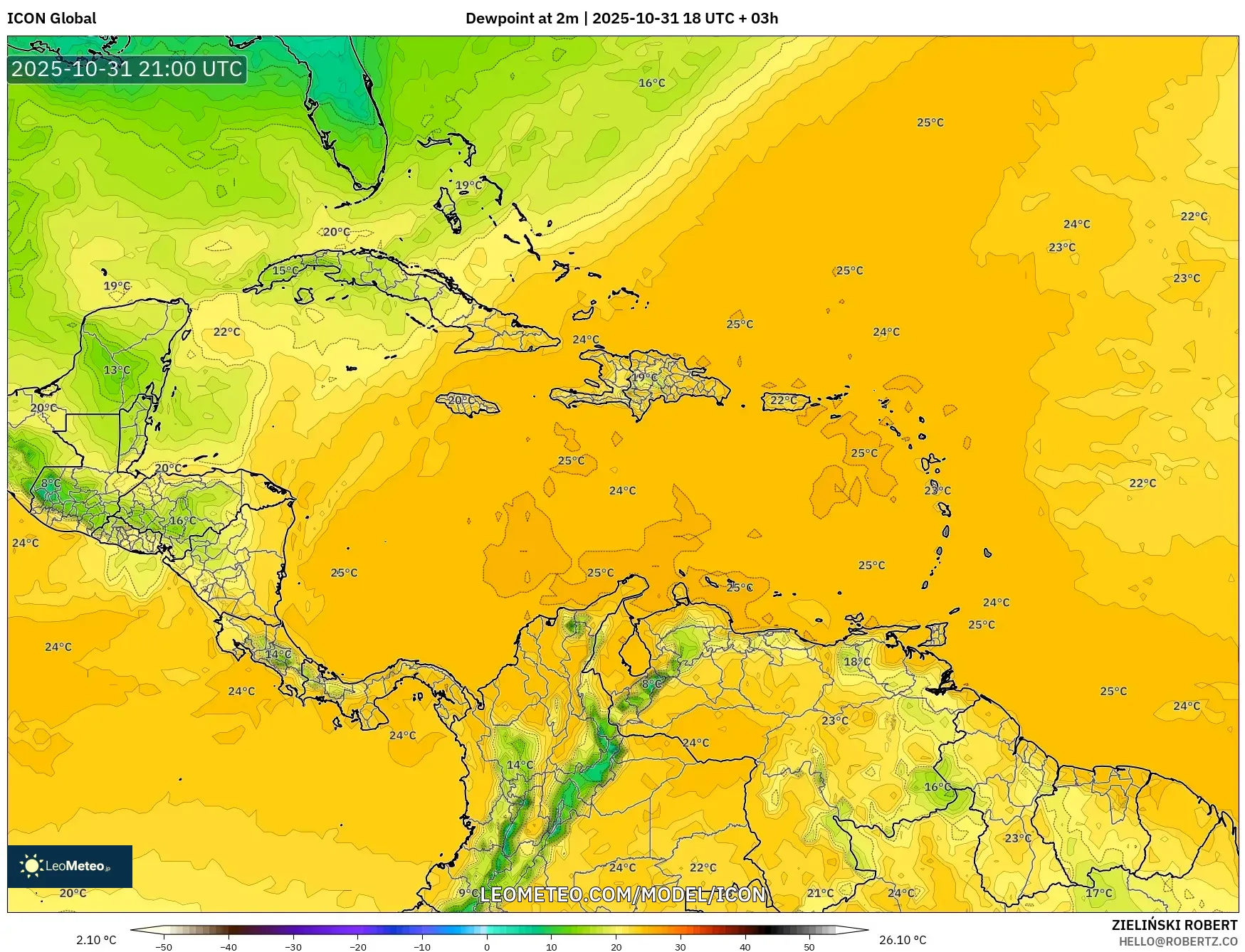 ICON model - Caribbean, Dewpoint at 2m ICON model - Caribbean, Dewpoint at 2m