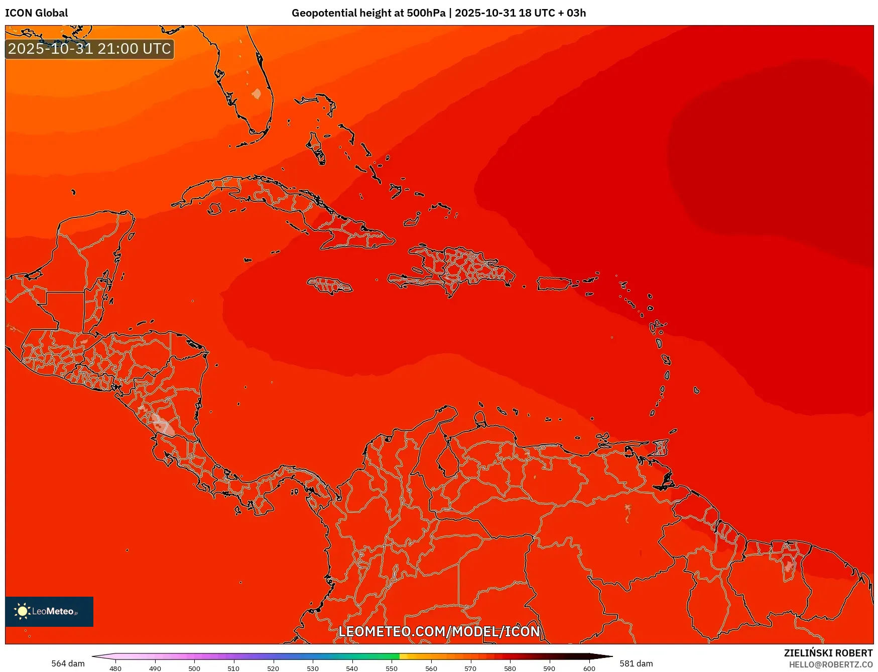ICON model - Caribbean, Geopotential height at 500hPa ICON model - Caribbean, Geopotential height at 500hPa
