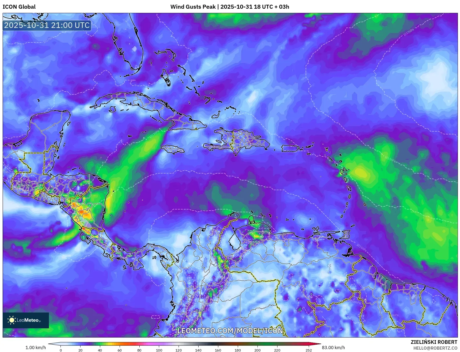 ICON model - Caribbean, Wind Gusts Peak ICON model - Caribbean, Wind Gusts Peak