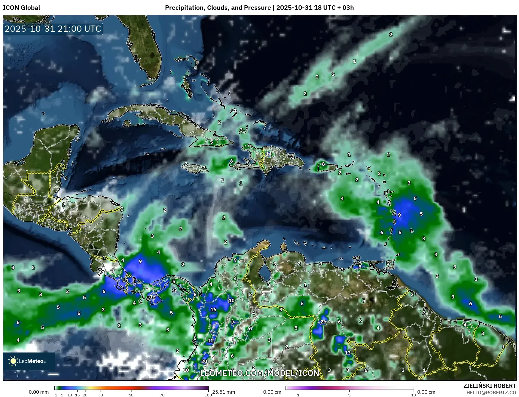 ICON model - Caribbean, Precipitation, Clouds, and Pressure ICON model - Caribbean, Precipitation, Clouds, and Pressure
