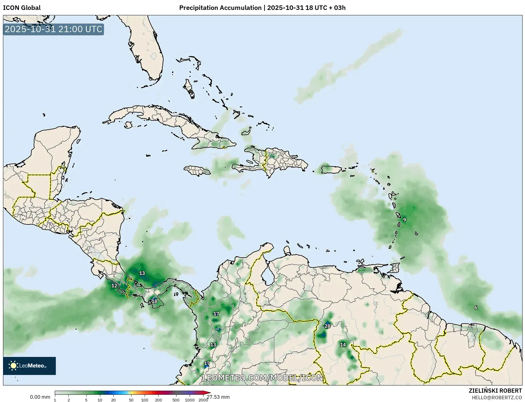 ICON model - Caribbean, Precipitation Accumulation ICON model - Caribbean, Precipitation Accumulation