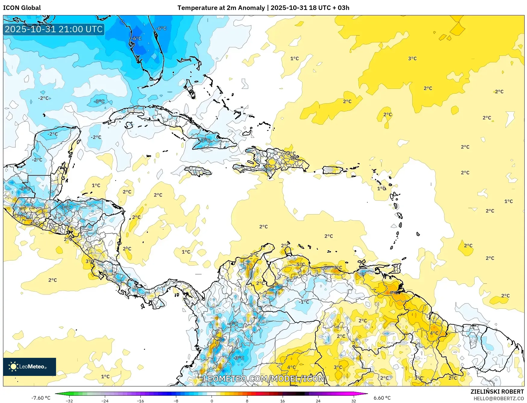 ICON model - Caribbean, Temperature at 2m Anomaly ICON model - Caribbean, Temperature at 2m Anomaly