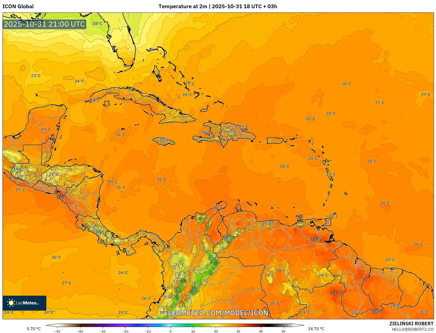 ICON model - Caribbean, Temperature at 2m ICON model - Caribbean, Temperature at 2m