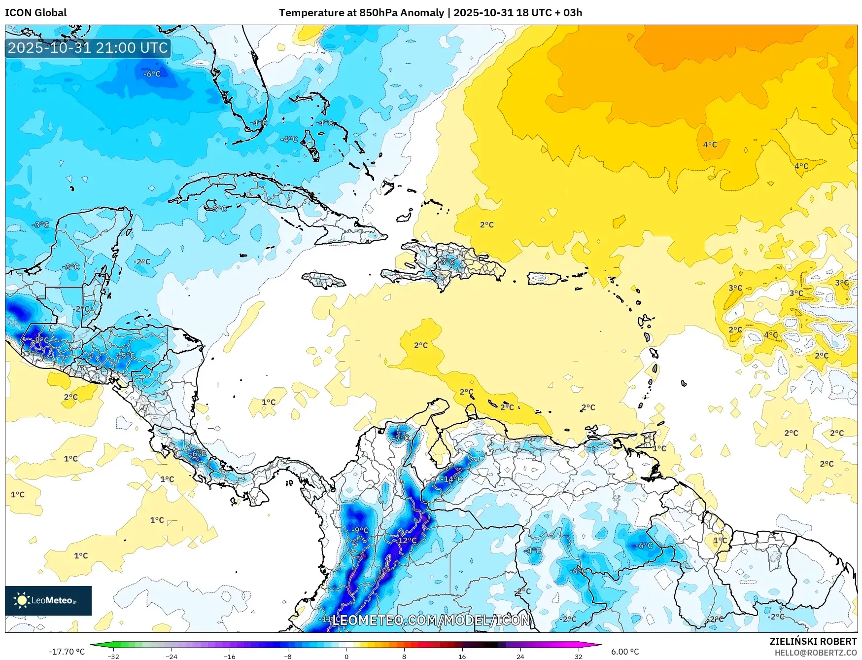ICON model - Caribbean, Temperature at 850hPa Anomaly ICON model - Caribbean, Temperature at 850hPa Anomaly