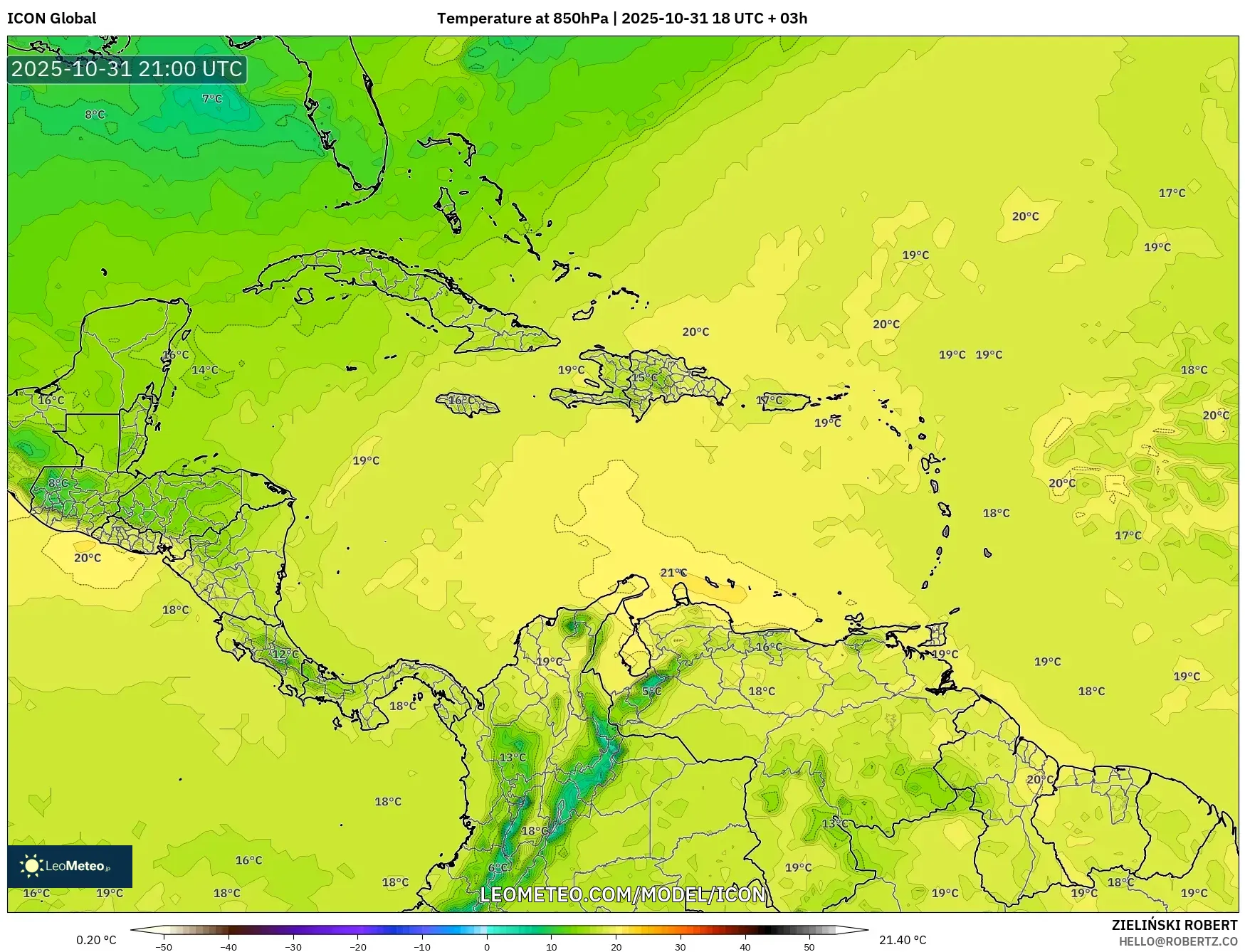 ICON model - Caribbean, Temperature at 850hPa ICON model - Caribbean, Temperature at 850hPa