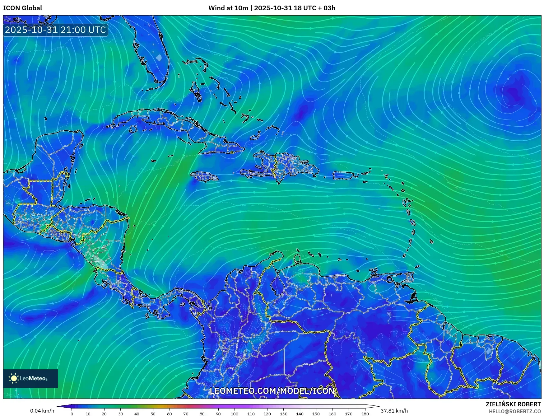 ICON model - Caribbean, Wind at 10m