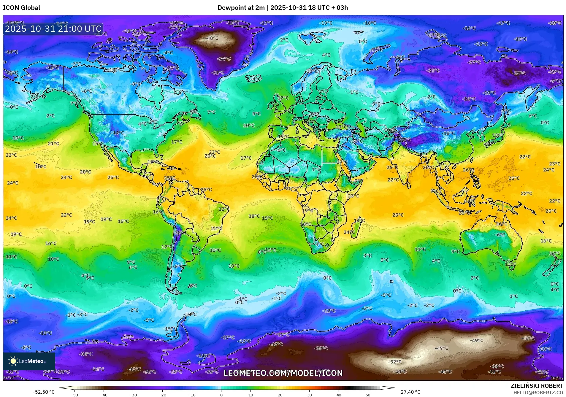 ICON model - World, Dewpoint at 2m ICON model - World, Dewpoint at 2m