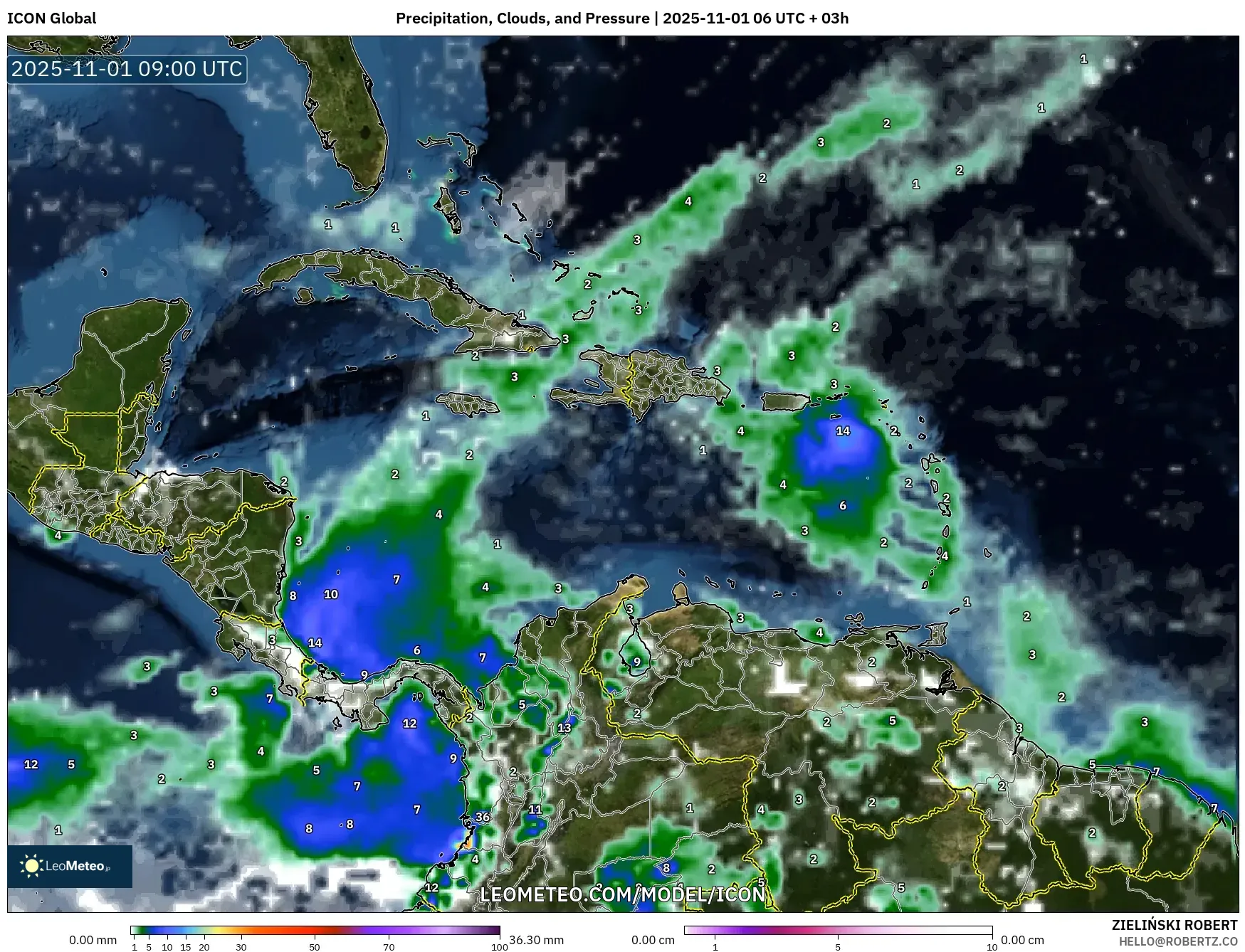 ICON model - Caribbean, Precipitation, Clouds, and Pressure ICON model - Caribbean, Precipitation, Clouds, and Pressure