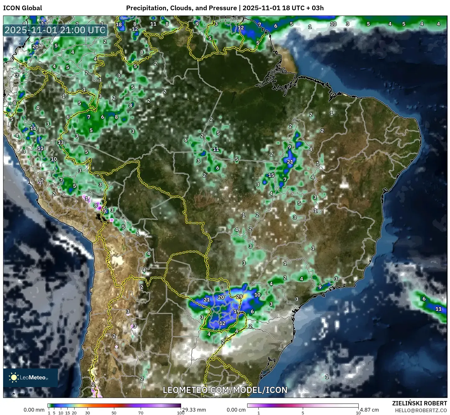 ICON model - Brazil, Precipitation, Clouds, and Pressure ICON model - Brazil, Precipitation, Clouds, and Pressure