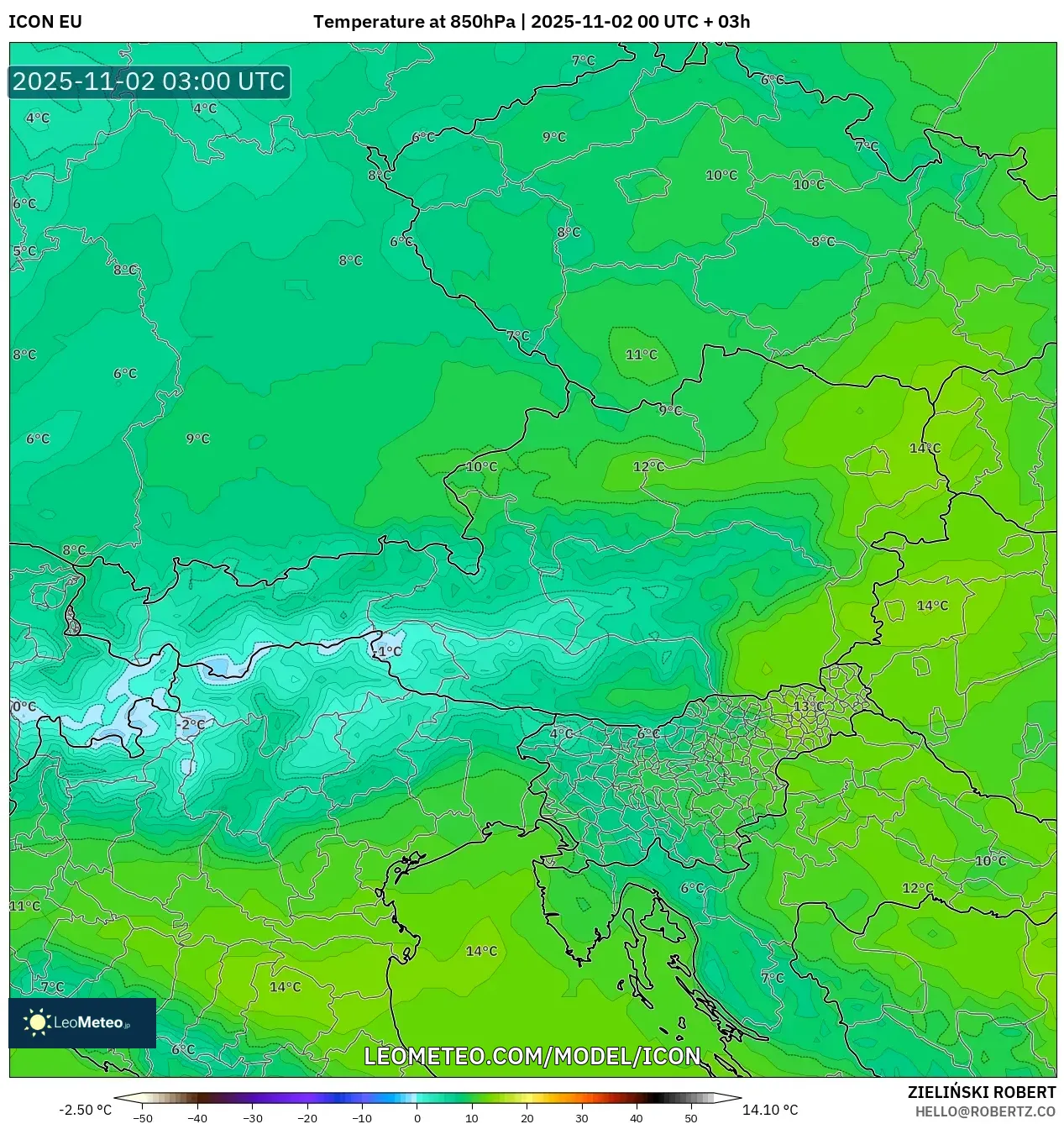 ICON model - Austria, Temperature at 850hPa ICON model - Austria, Temperature at 850hPa