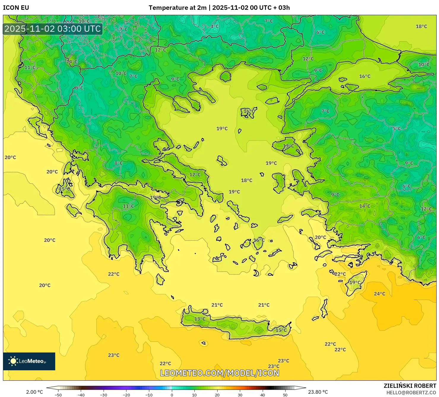ICON model - Greece, Temperature at 2m ICON model - Greece, Temperature at 2m