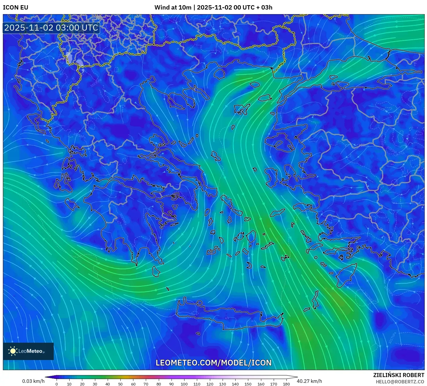 ICON model - Greece, Wind at 10m ICON model - Greece, Wind at 10m