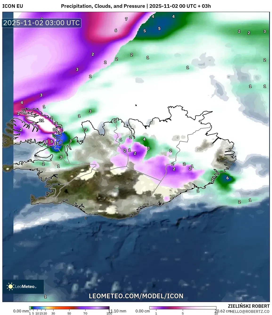 ICON model - Iceland, Precipitation, Clouds, and Pressure