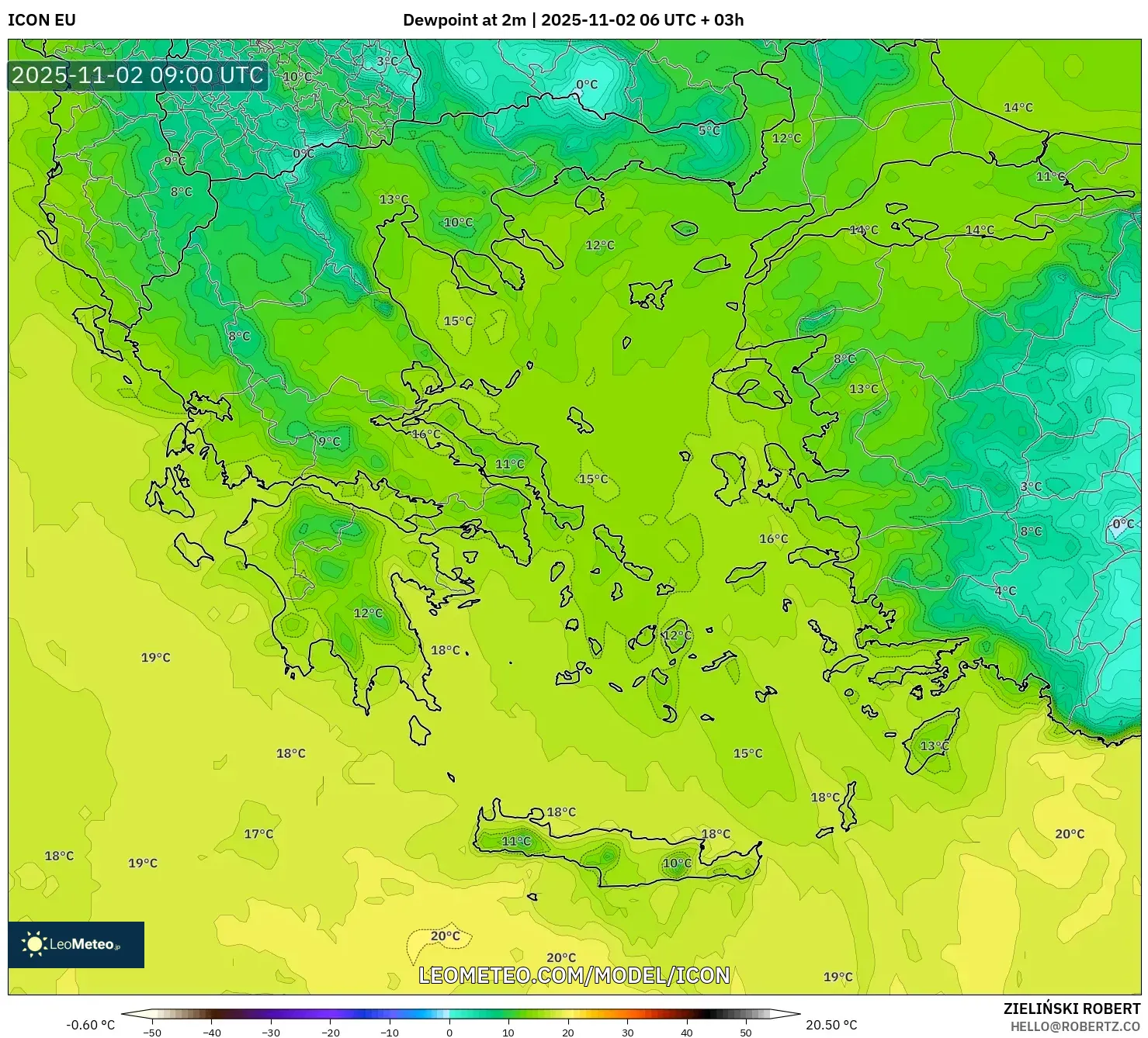 ICON model - Greece, Dewpoint at 2m ICON model - Greece, Dewpoint at 2m