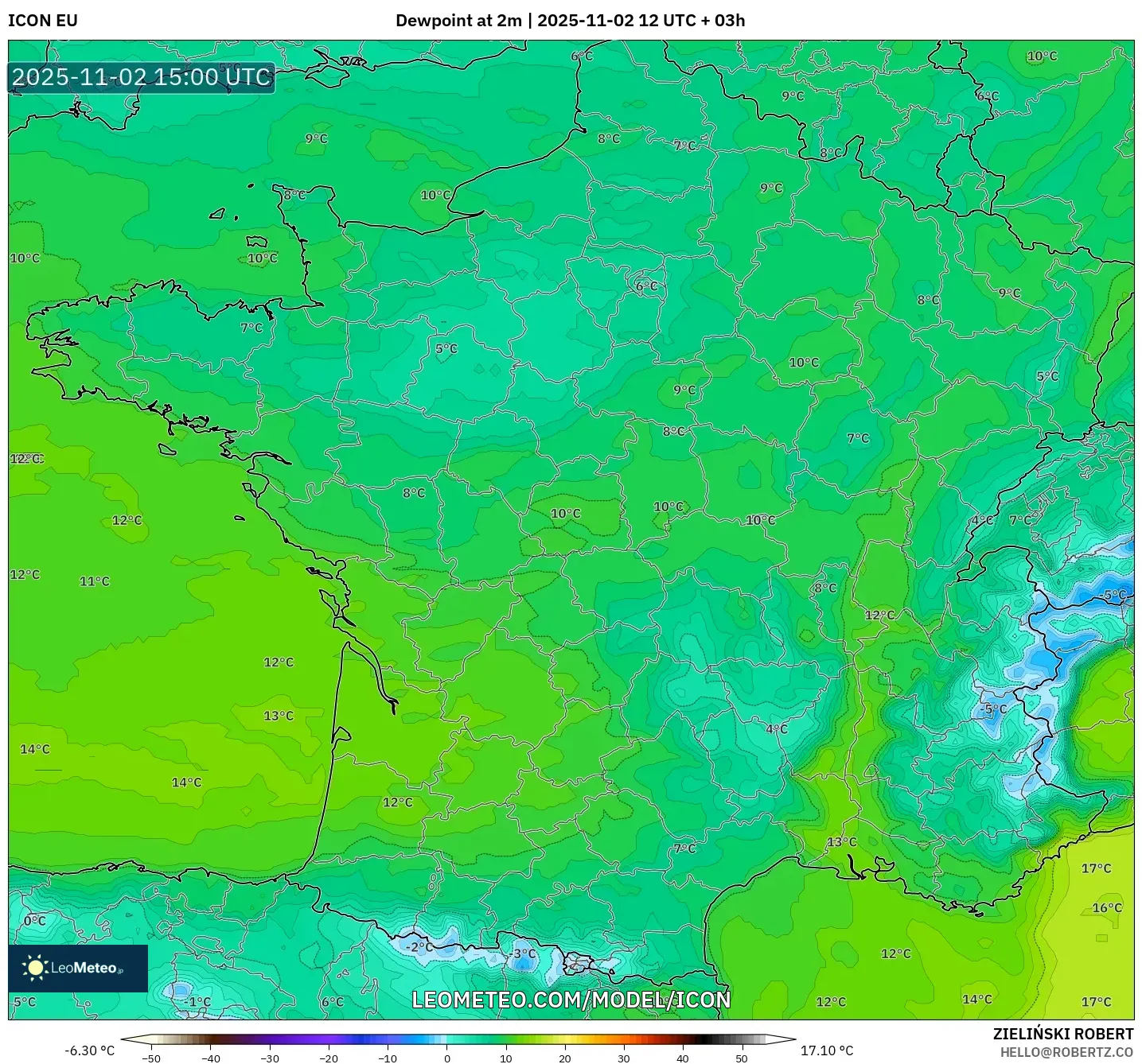 ICON model - France, Dewpoint at 2m ICON model - France, Dewpoint at 2m
