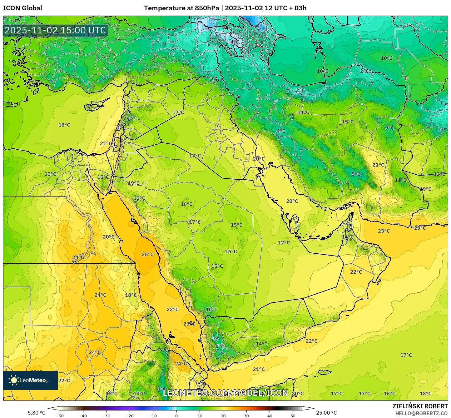 ICON model - Middle East, Temperature at 850hPa