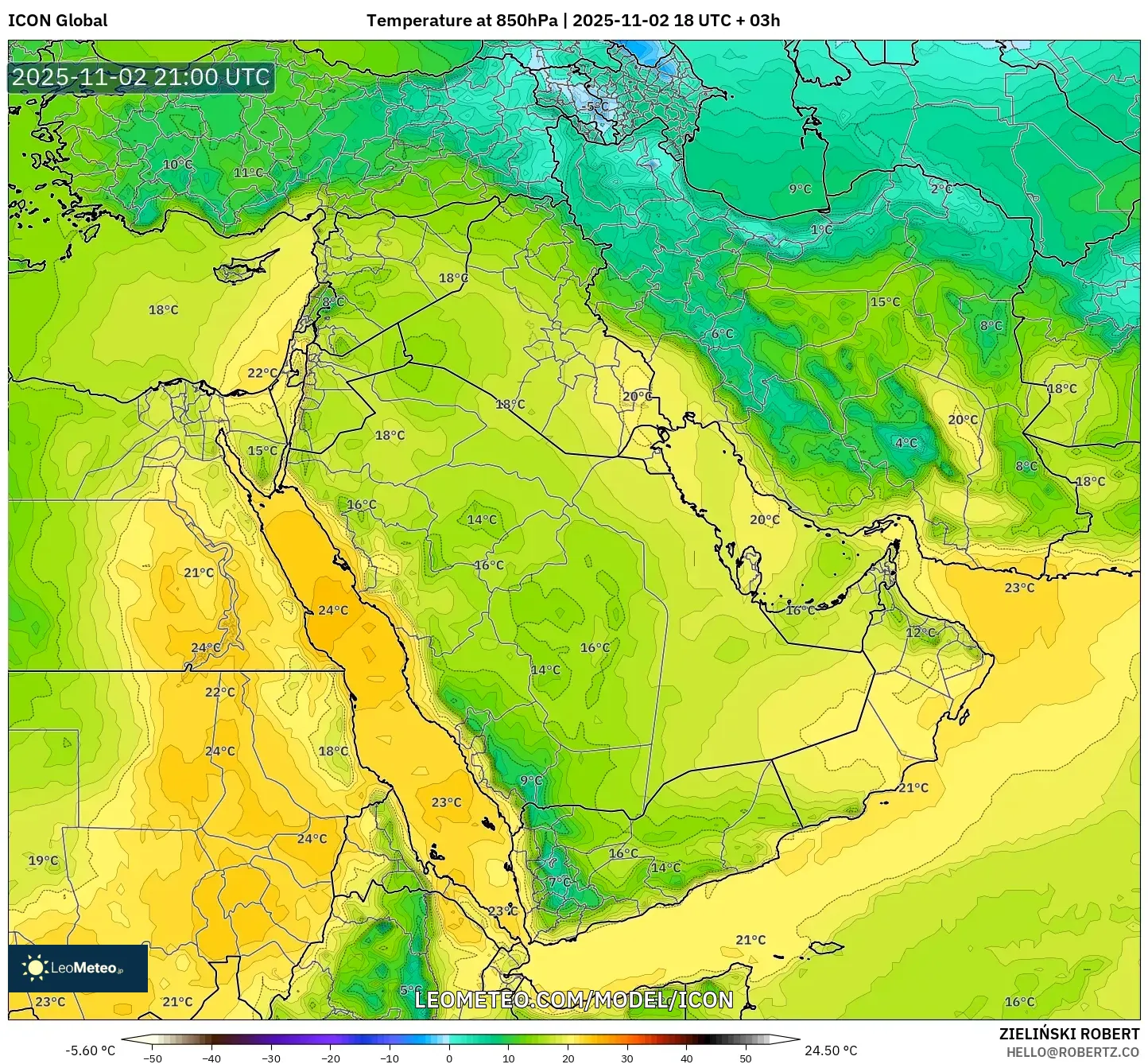 ICON model - Middle East, Temperature at 850hPa