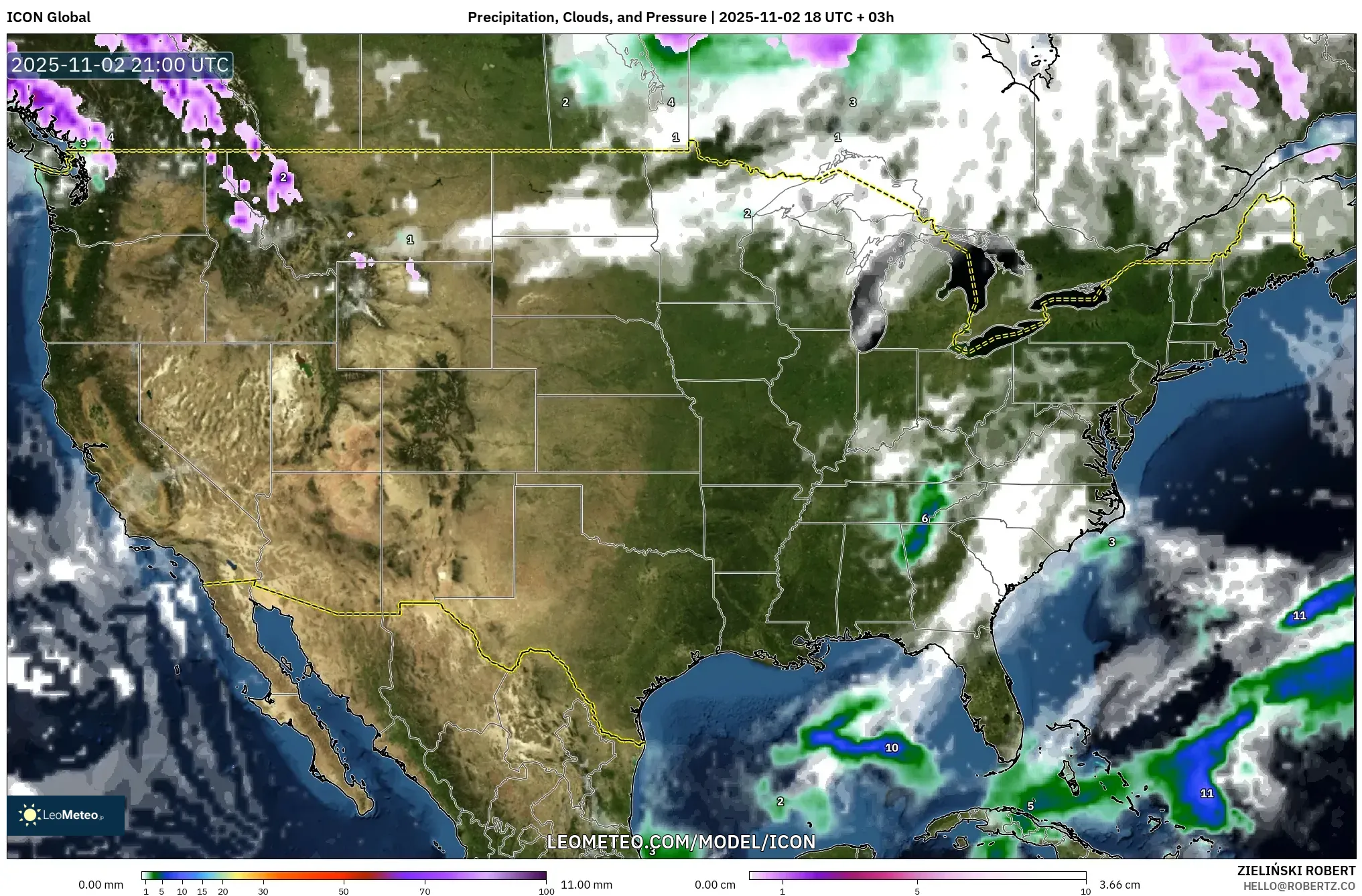 ICON model - United States, Precipitation, Clouds, and Pressure