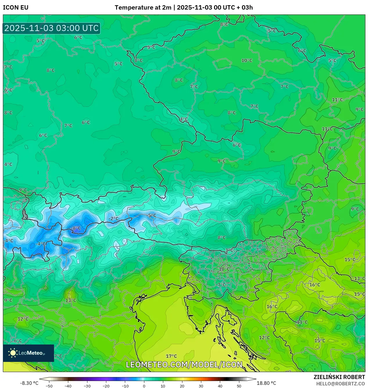 ICON model - Austria, Temperature at 2m