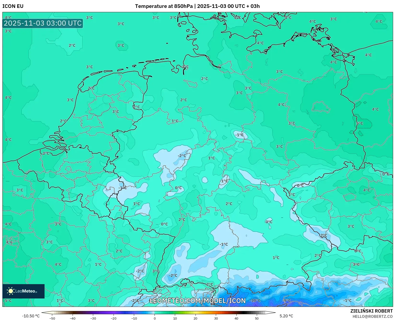 ICON model - Germany, Temperature at 850hPa