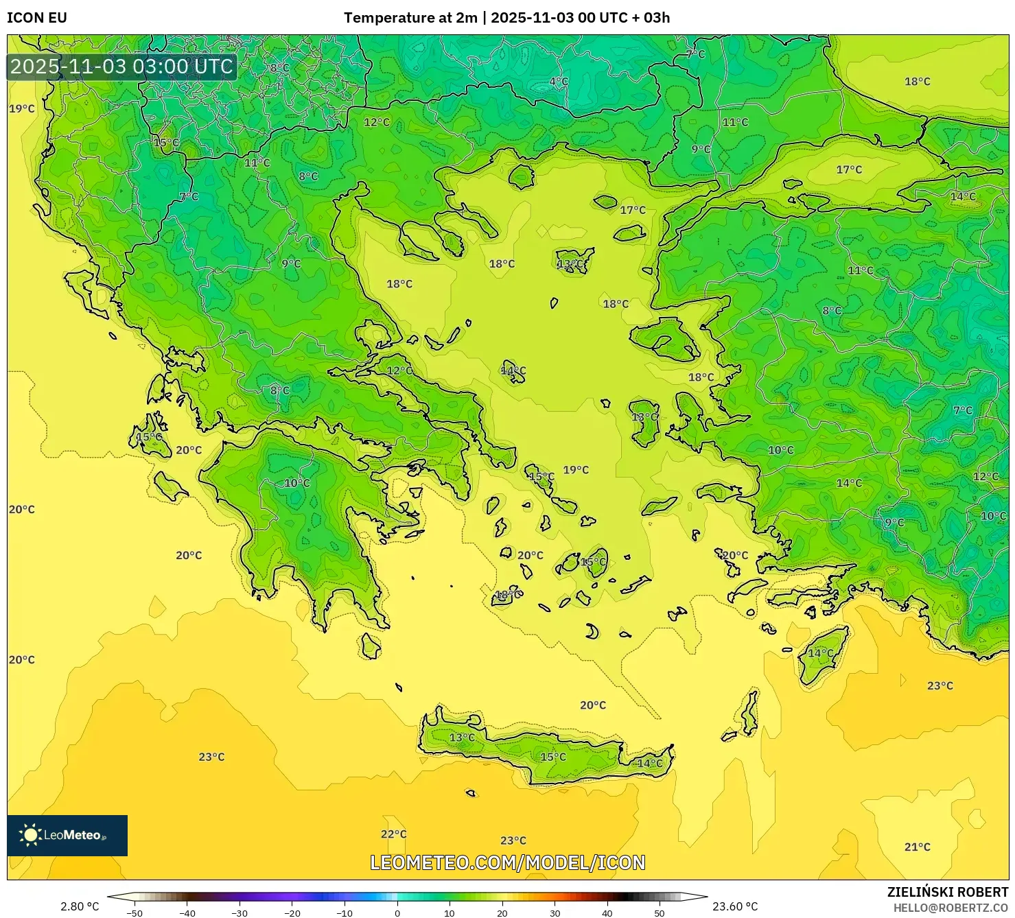 ICON model - Greece, Temperature at 2m