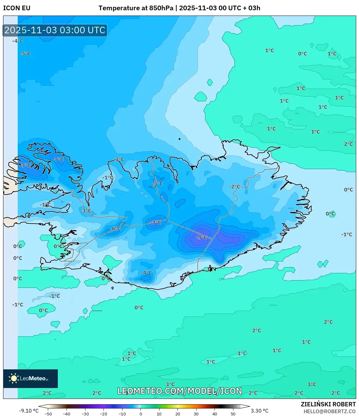 ICON model - Iceland, Temperature at 850hPa