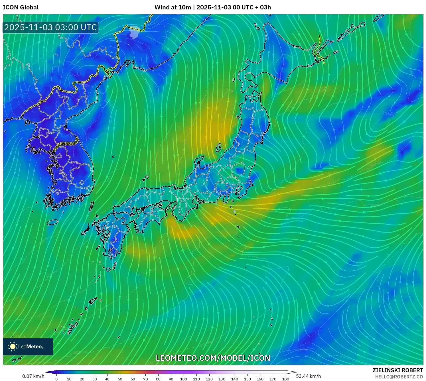 ICON model - Japan, Wind at 10m