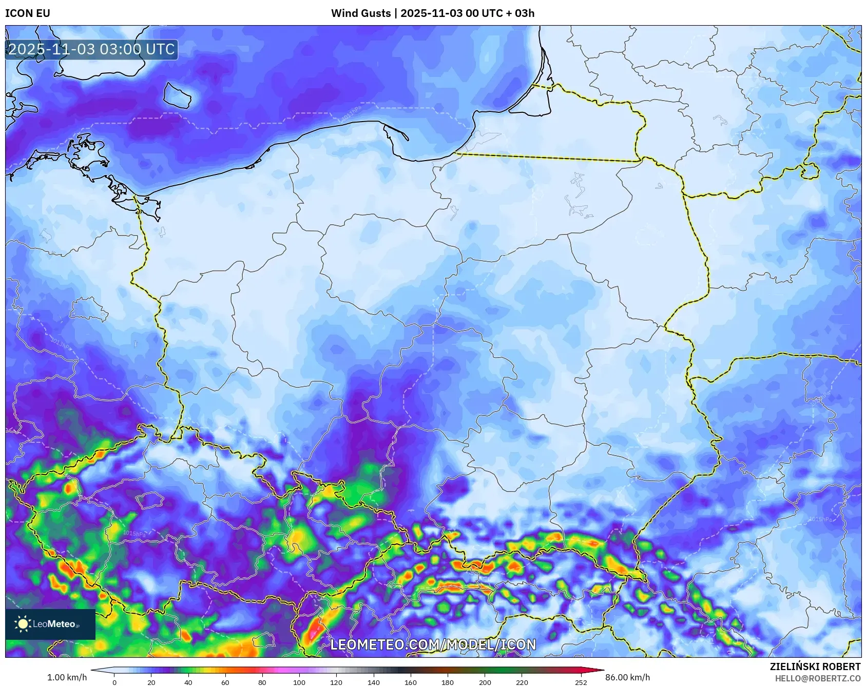 ICON model - Poland, Wind Gusts