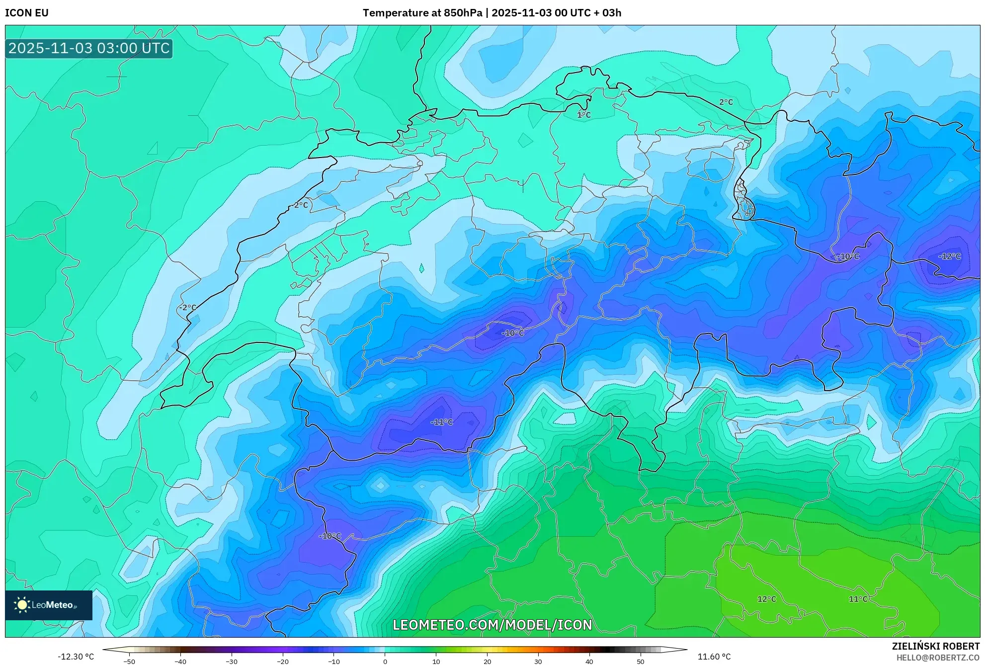 ICON model - Switzerland, Temperature at 850hPa