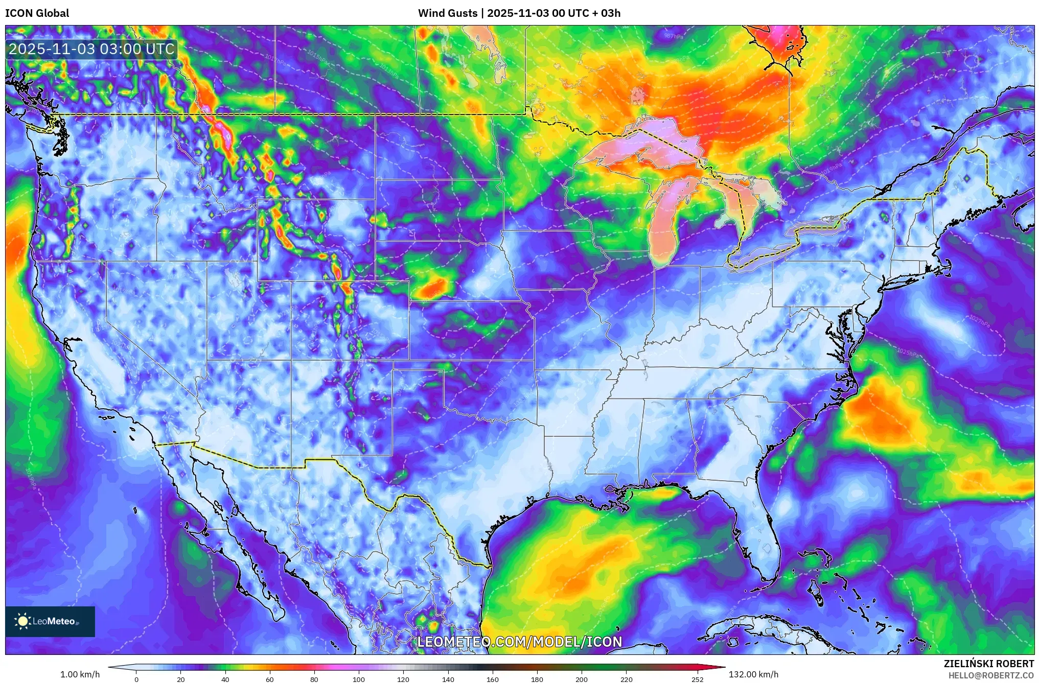 ICON model - United States, Wind Gusts