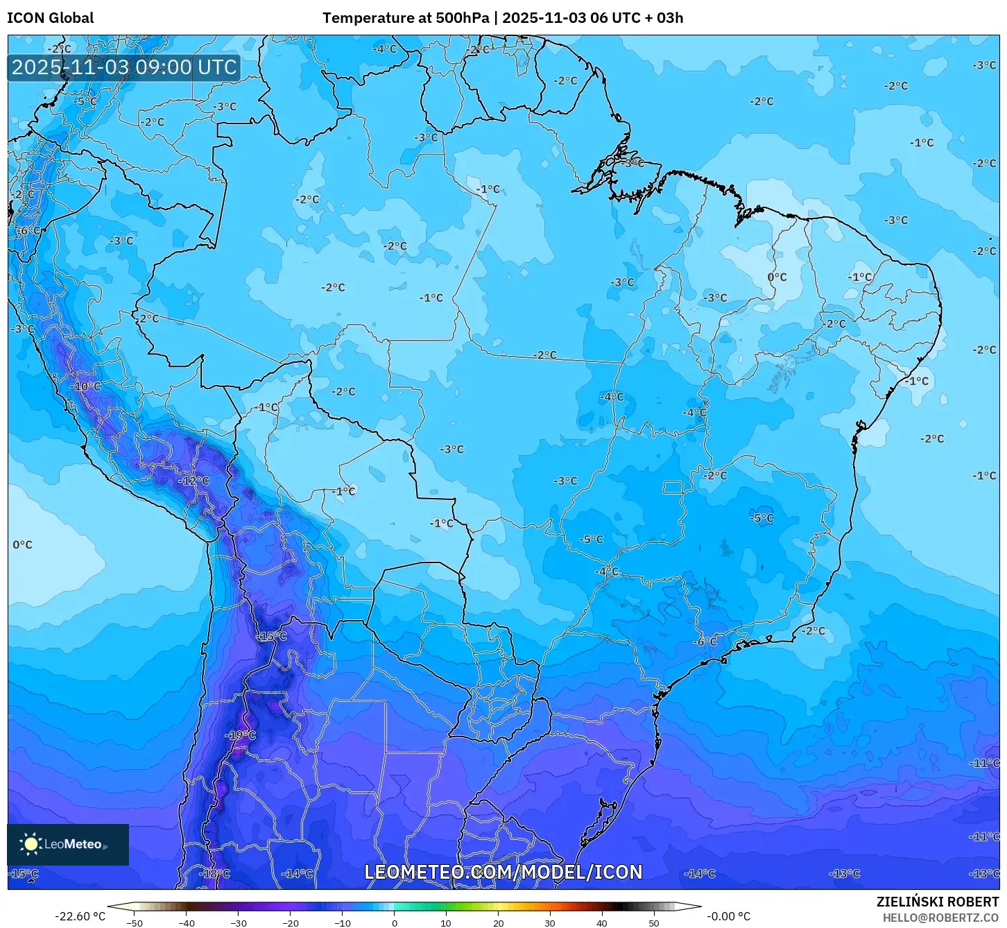 ICON model - Brazil, Temperature at 500hPa