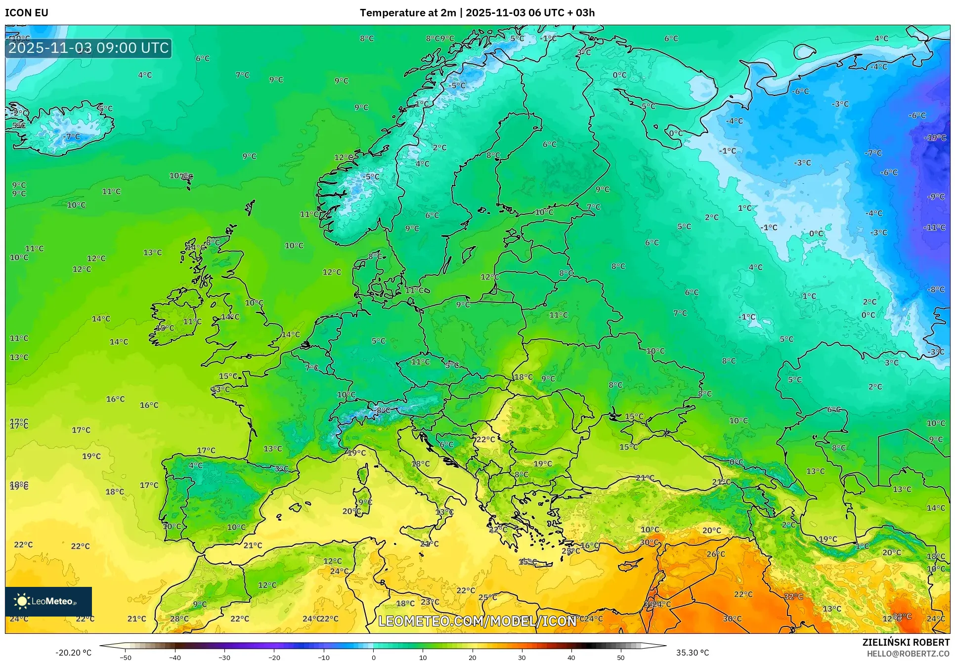 ICON model - Europe, Temperature at 2m