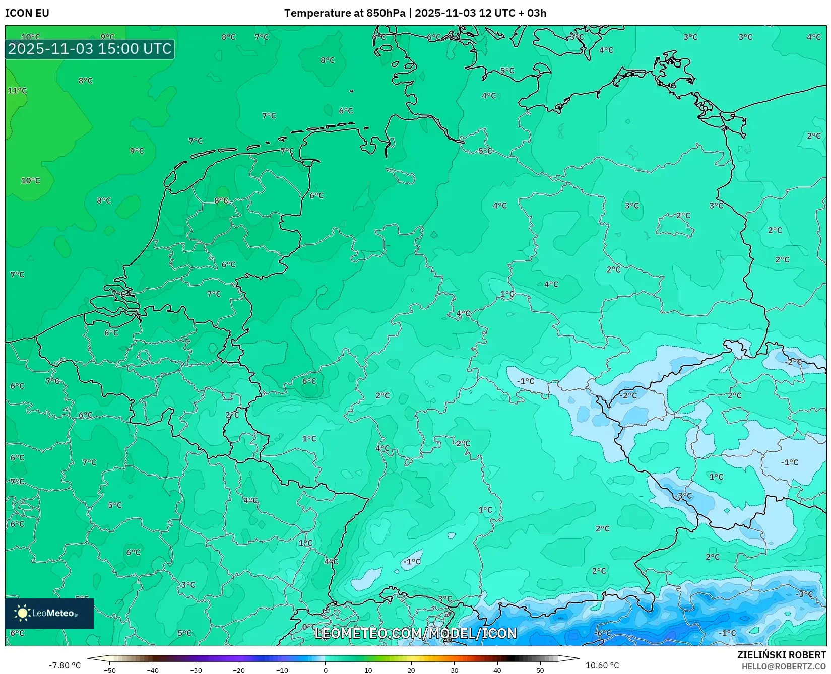 ICON model - Germany, Temperature at 850hPa