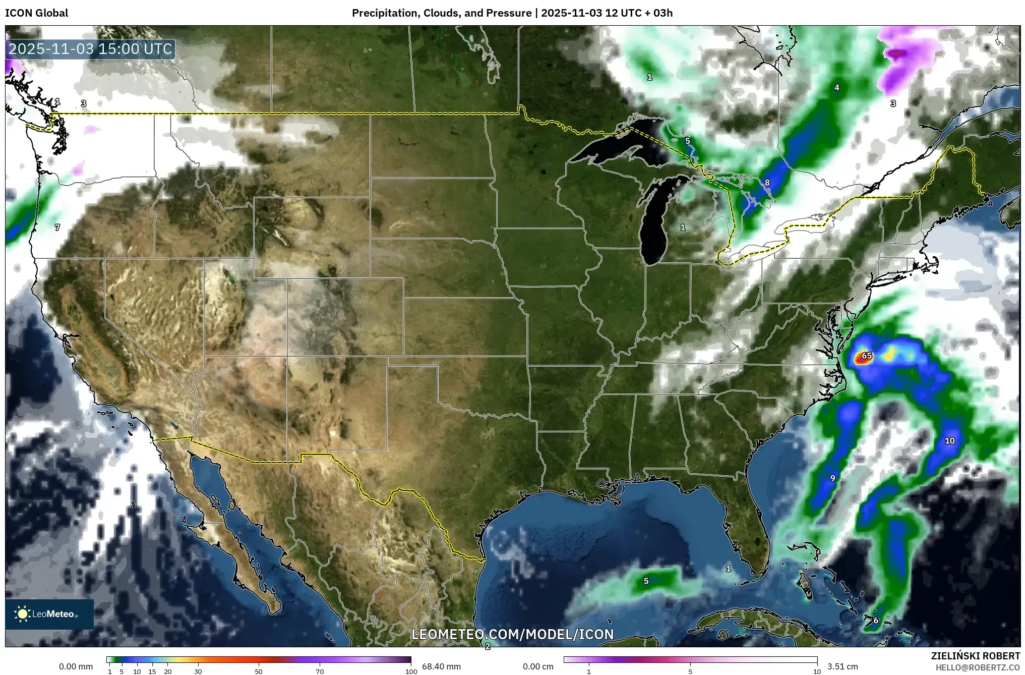 ICON model - United States, Precipitation, Clouds, and Pressure