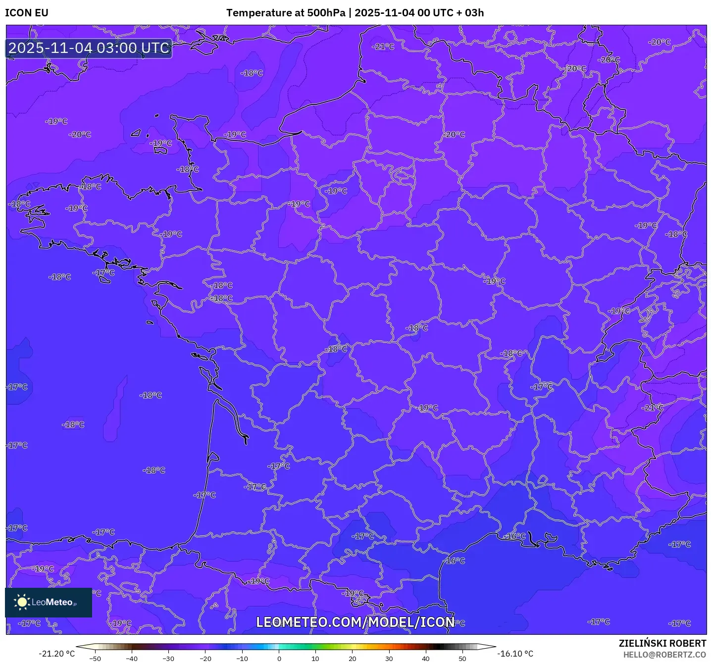 ICON model - France, Temperature at 500hPa