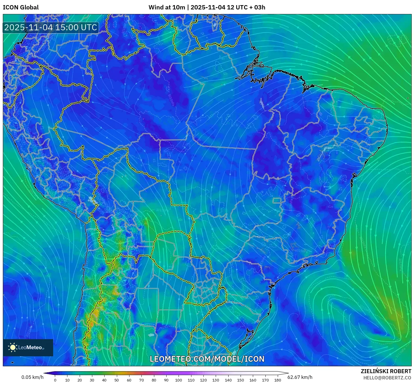 ICON model - Brazil, Wind at 10m