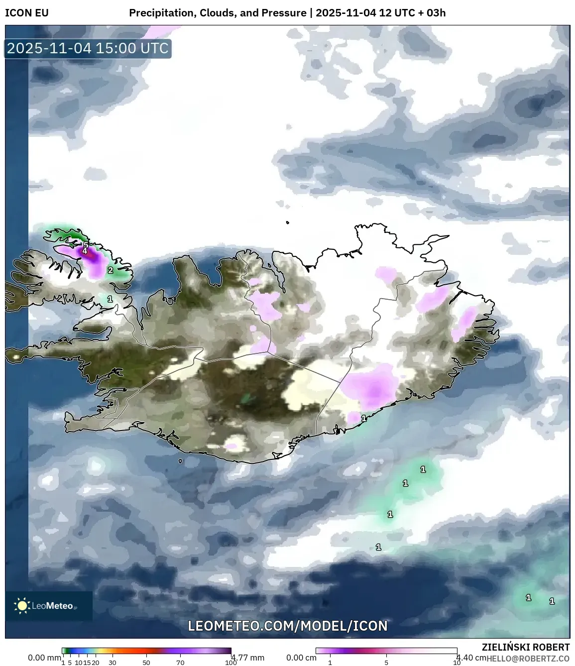 ICON model - Iceland, Precipitation, Clouds, and Pressure