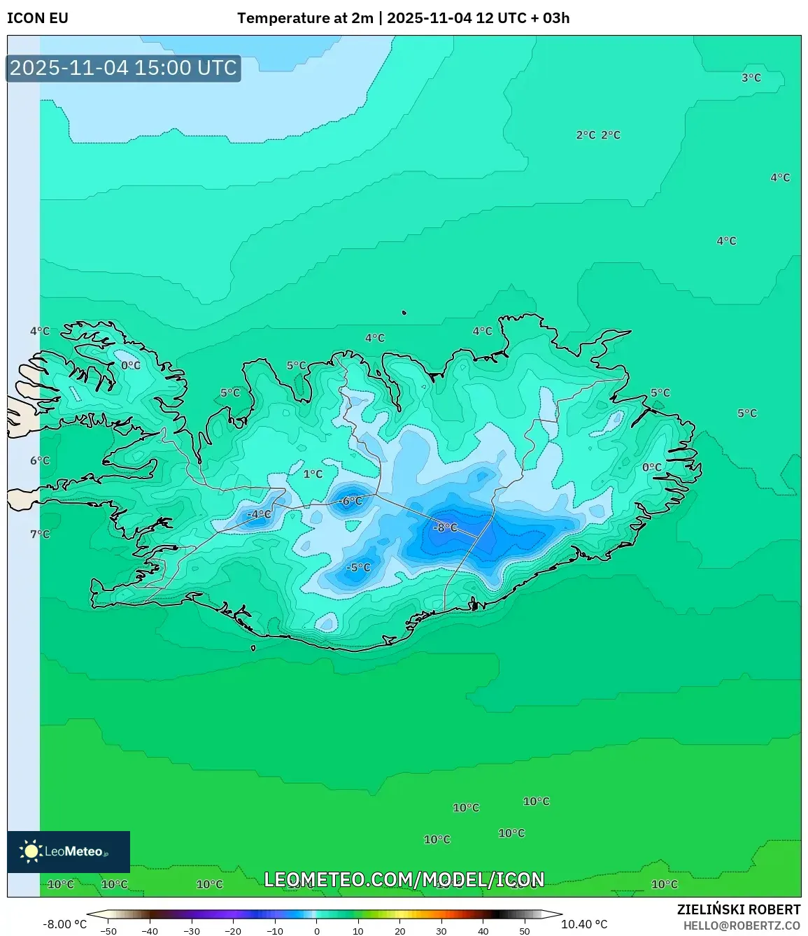 ICON model - Iceland, Temperature at 2m