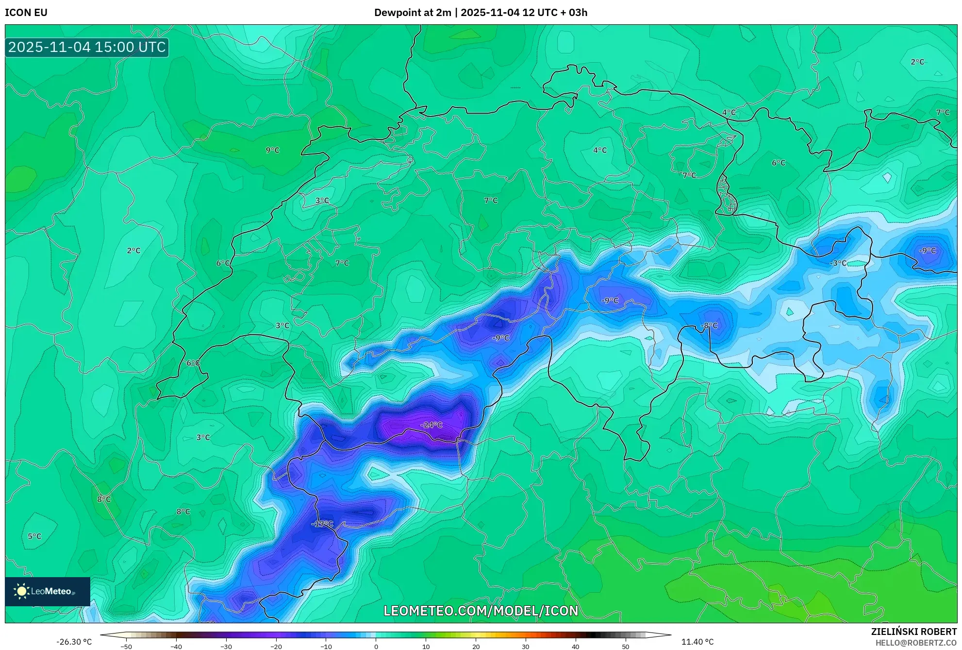 ICON model - Switzerland, Dewpoint at 2m