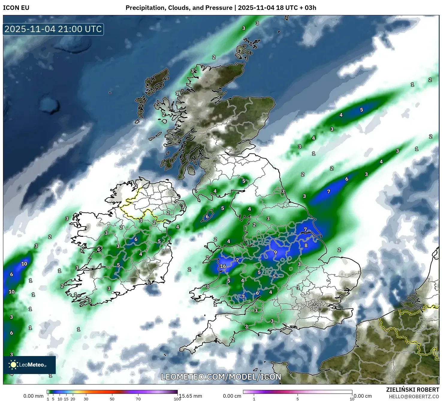 ICON model - United Kingdom, Precipitation, Clouds, and Pressure