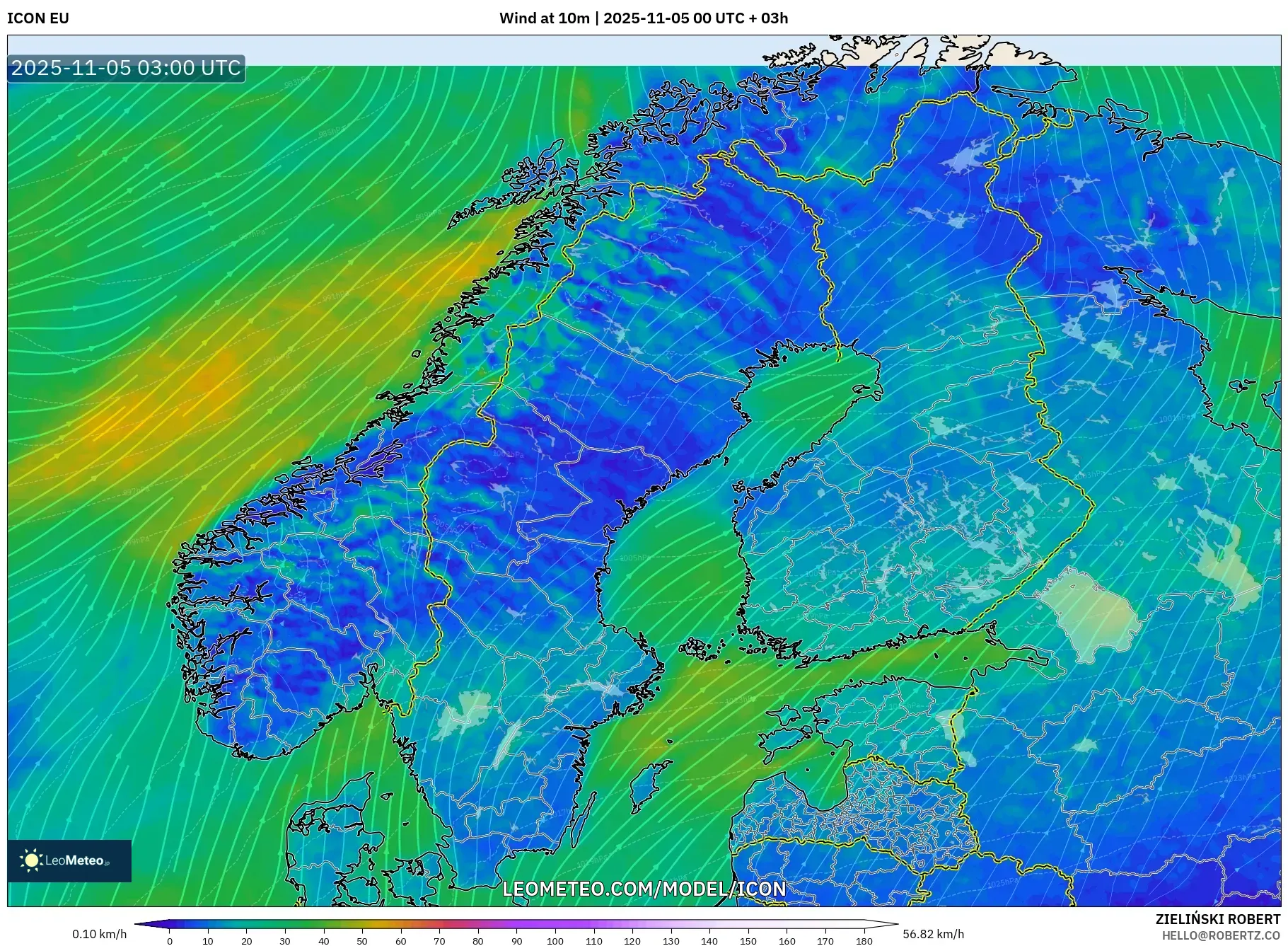 ICON model - Scandinavia, Wind at 10m