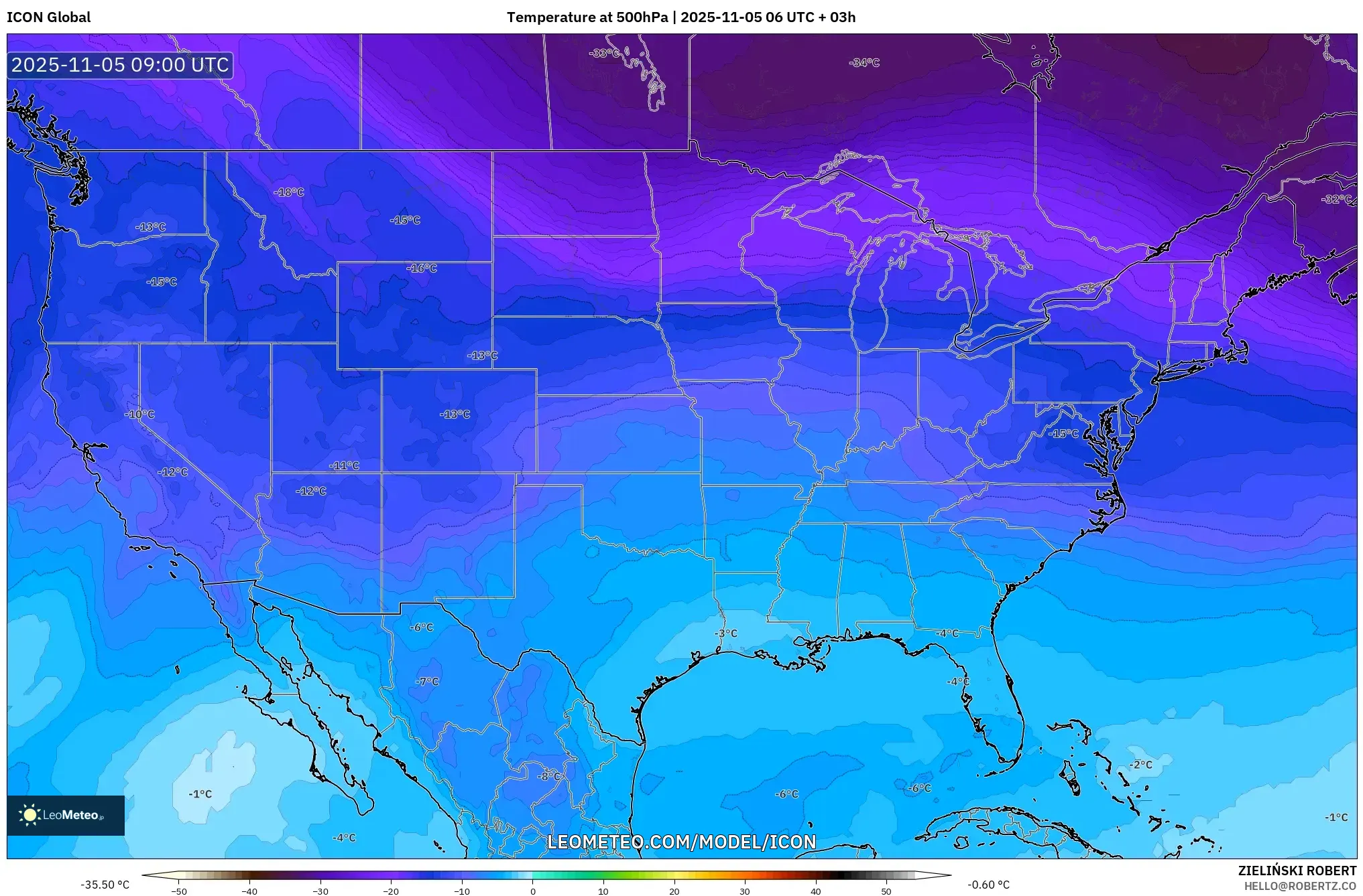 ICON model - United States, Temperature at 500hPa