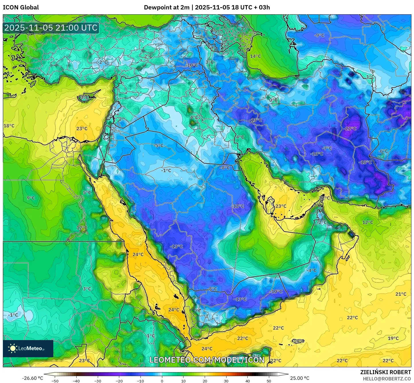ICON model - Middle East, Dewpoint at 2m